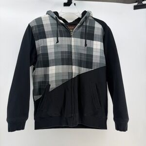 Machine Hoodie Men Large Black Grey Plaid Sherpa Lined Full Zip Heavy Y2K Grunge